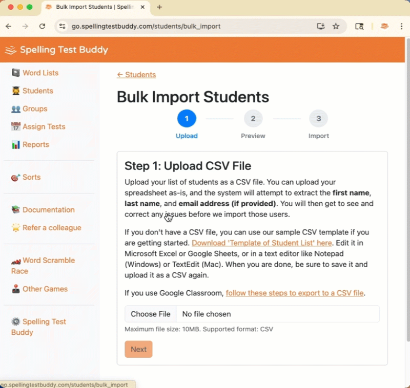 Bulk Import Students: Pick the CSV file