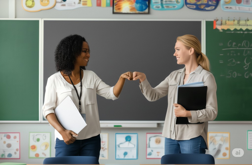 Teachers fist bumping because they can share and collaborate on their spelling word lists across classrooms