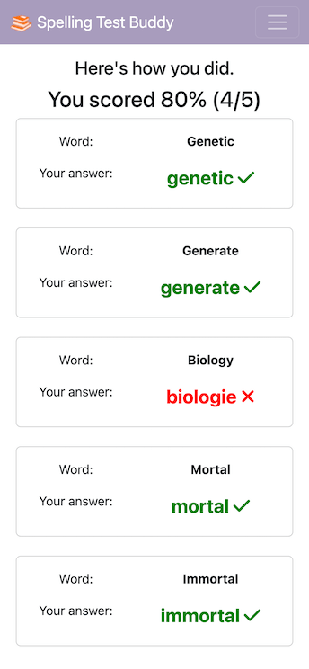 Automatically graded spelling test result