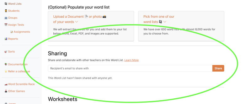 Sharing from the View/Edit Word List page
