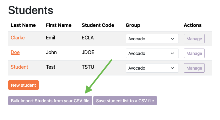 Bulk Import Students from your CSV file button