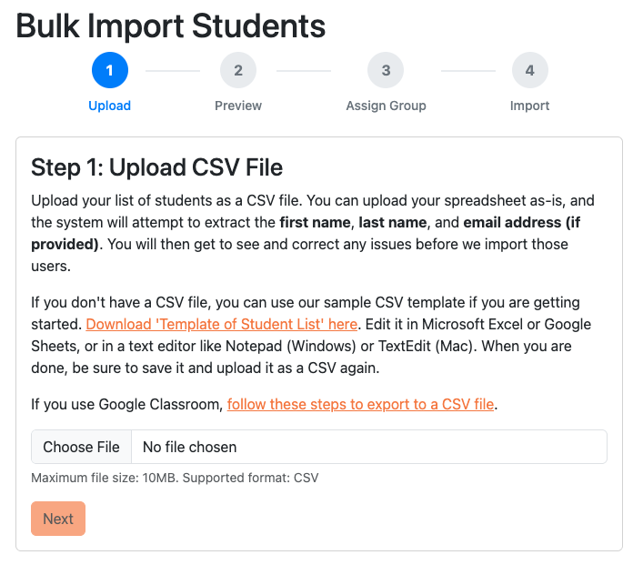 Bulk Import Students four-step wizard