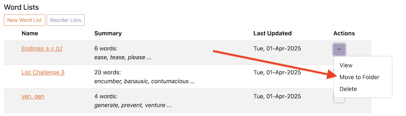 Move Word List to Folder