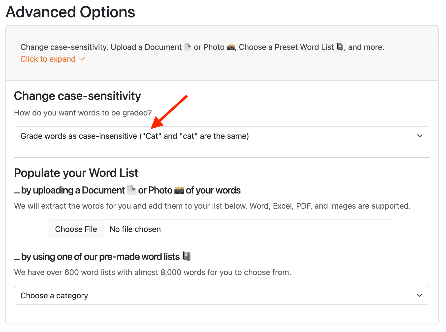 Change Word List Case-Sensitivity