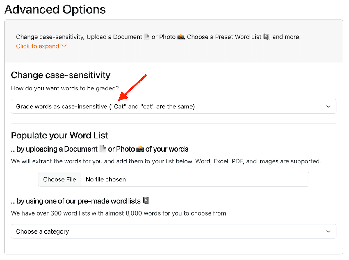 Change Word List Case-Sensitivity