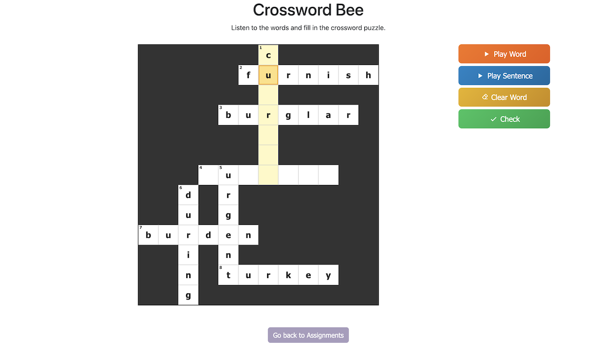 Crossword Bee spelling game - fill in a crossword puzzle from your word list