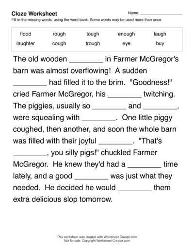 Cloze Worksheet for up to 10 words