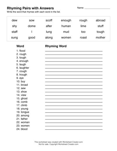 Rhyming Pairs with Suggested Answers